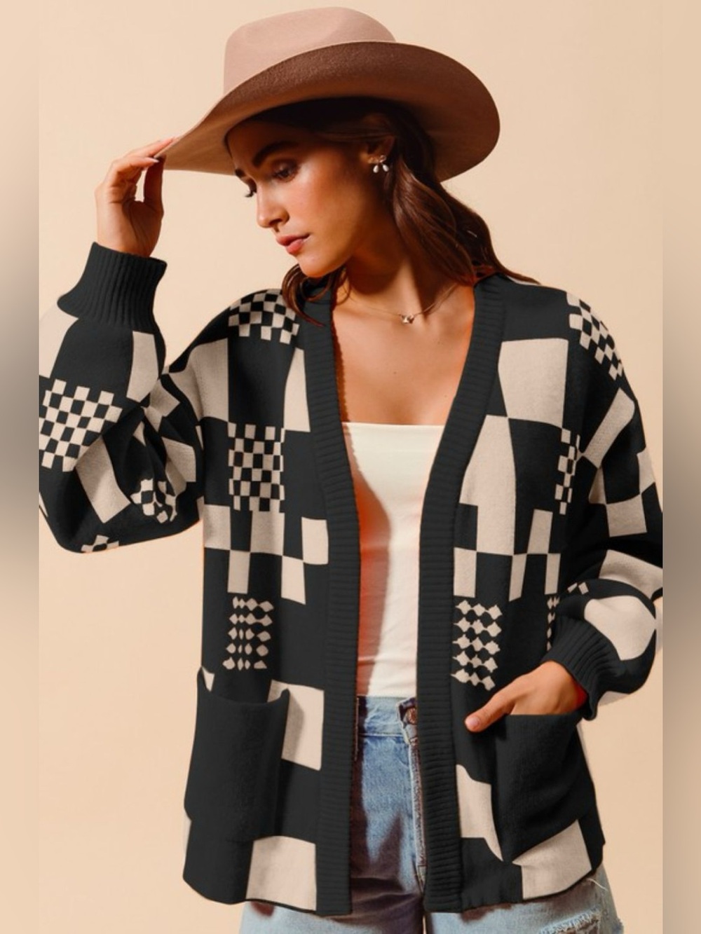 SO ME Checkered Open Front Cardigan with Pockets